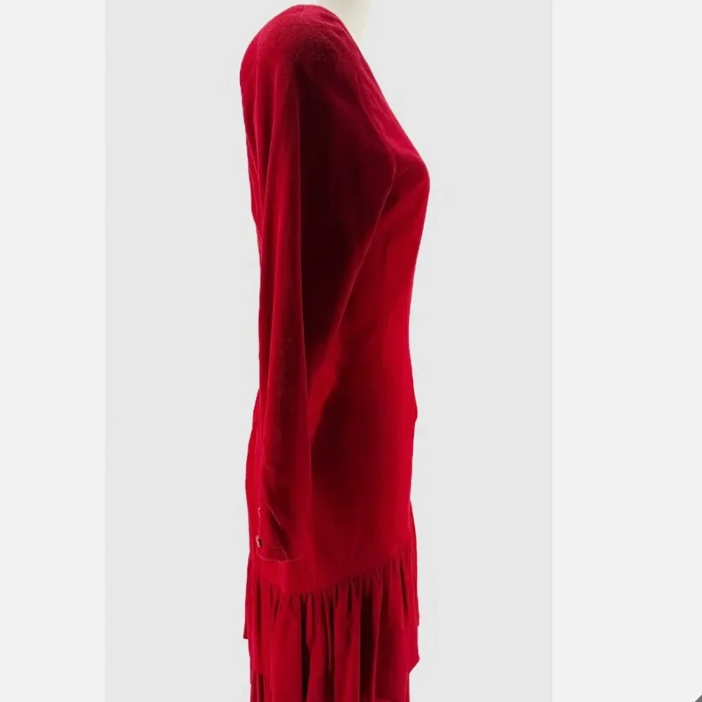 VAKKO Vtg 80s Red Suede Drop Waist Ruffle LSV Dress 6 Cowgirl Western Boho - Picture 3 of 11